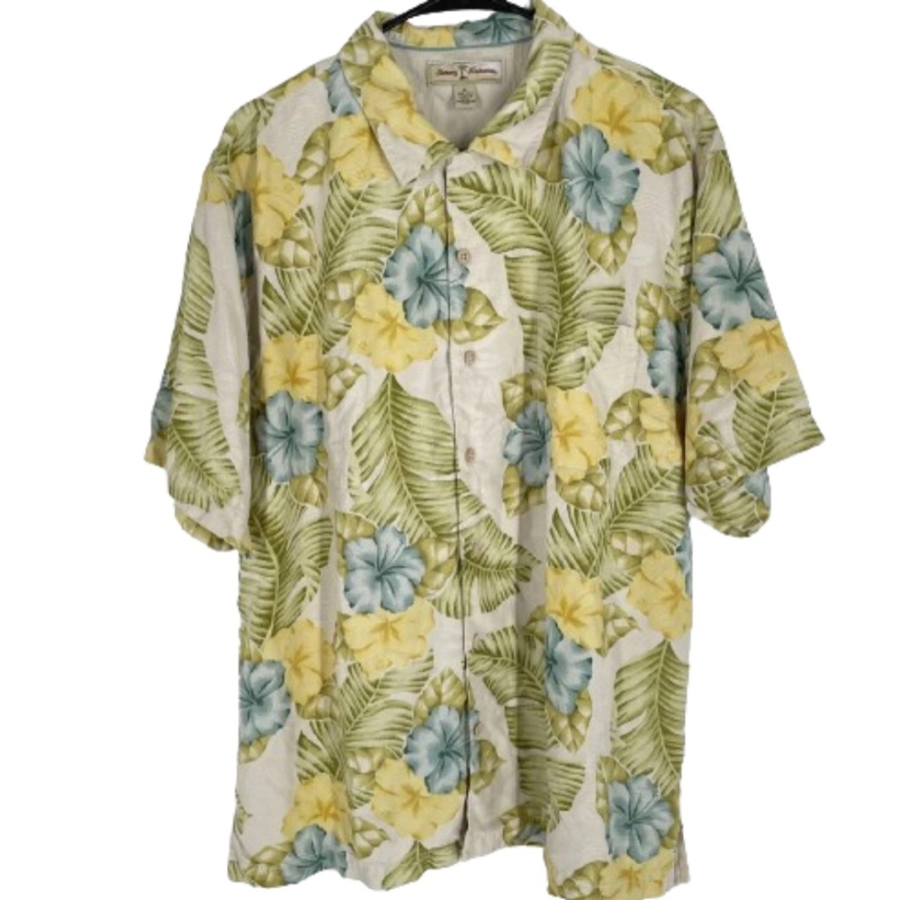 TOMMY BAHAMA XL Silk Button Up Shirt Beige w/ Palm Fronds Blue & Yellow Hibiscus